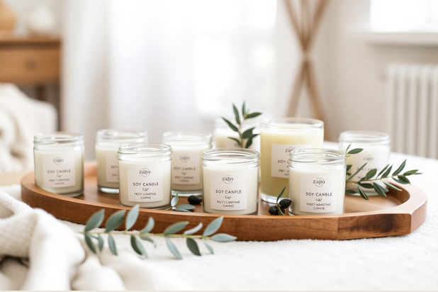 A tray of Olive & Light candles styled with olive branches in a cozy home