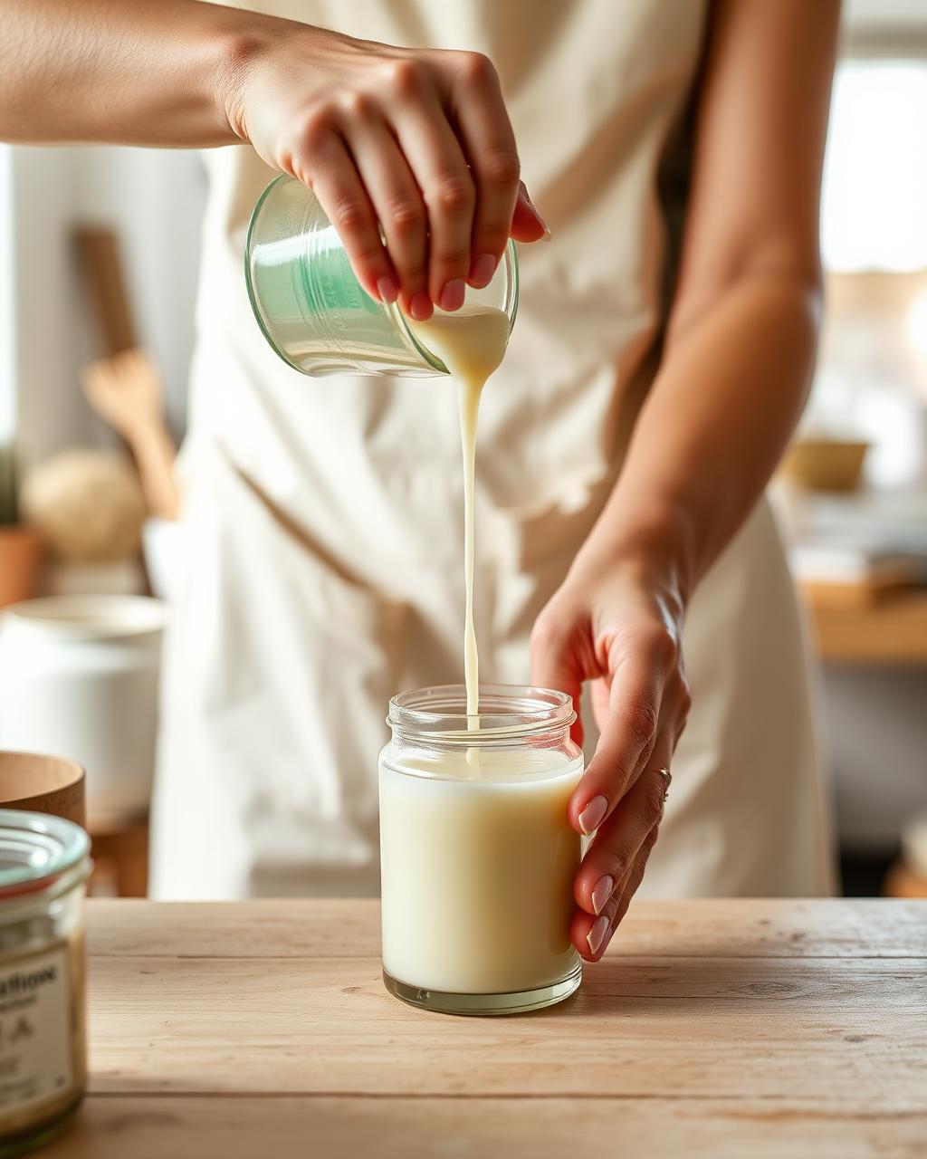Hands pouring soy wax into a candle jar in a bright workshop